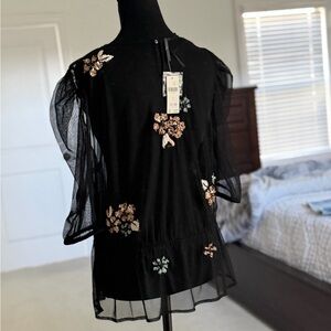 Anthropologie Black Sheer Top with Floral Embroidery
